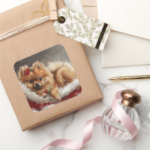 Pegatina Cuadrada Pomerania Fiesta Navideña Canina