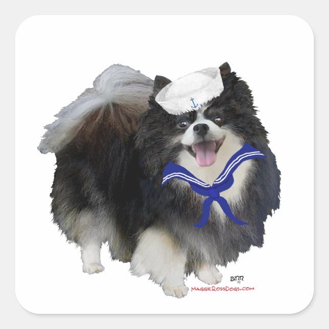 Pegatina Cuadrada Pomerania Negra Marinero (Anverso)