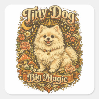 Pegatina Cuadrada Pomerania Pequeño Perro Gran Magia