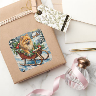 Pegatina Cuadrada Pomerania vintage en trineo de Navidad de madera