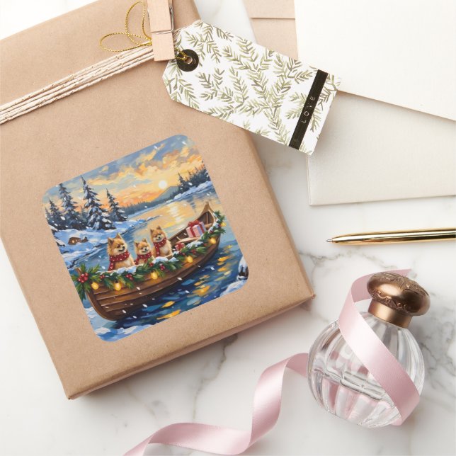 Pegatina Cuadrada Pomeranian Christmas Boat Holiday (Regalar)