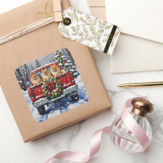 Pegatina Cuadrada Pomeranian Christmas Red Truck Holiday Gift (Regalar)