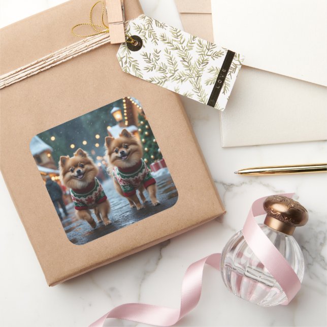Pegatina Cuadrada Pomeranian Dogs Christmas Snow Holiday  (Regalar)