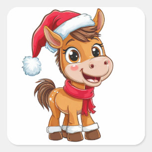 Pegatina Cuadrada Poni de dibujos animados lindo con sombrero y bufa