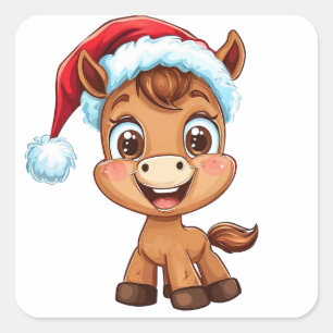 Pegatina Cuadrada Poni de dibujos animados lindo con sombrero y bufa