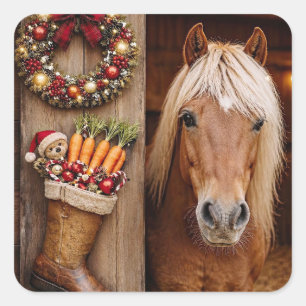 Pegatina Cuadrada Poni de Navidad y Zanahorias para Calcetín Bonito