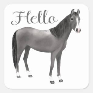 Pegatina Cuadrada Poni Gris Ecuestre Pensando en ti Hola Caballo