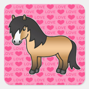 Pegatina Cuadrada Poni Shetland de dibujos animados color buckskin