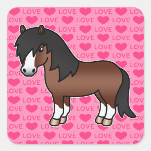 Pegatina Cuadrada Poni Shetland de dibujos animados marrones corazon