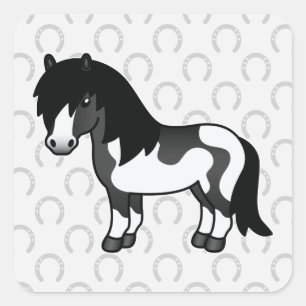 Pegatina Cuadrada Poni Shetland Pinto Negro de Dibujos Animados