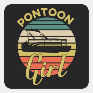 Pegatina Cuadrada Pontoon Girl Captain Retro Vintage Boat