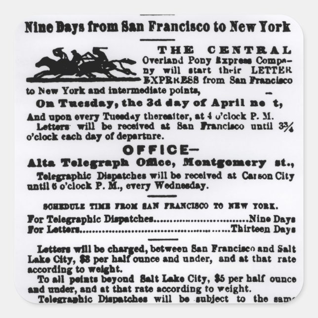 Pegatina Cuadrada Pony Express, nueve días (Anverso)