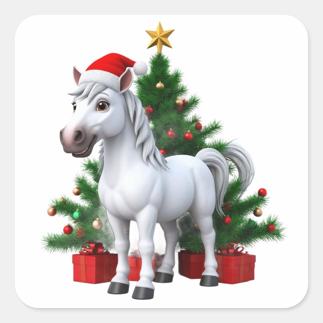 Pegatina Cuadrada Pony Personalizado festivo en Santa Hat (Anverso)