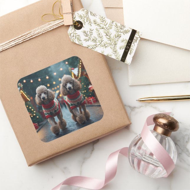 Pegatina Cuadrada Poodle Dogs Christmas Snow Holiday  (Regalar)