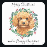 Pegatina Cuadrada Poodle Elegant Dog Wreath Merry Christmas<br><div class="desc">Añada el toque final a sus tarjetas de vacaciones, regalos envueltos o fiestas esta temporada navideña con este elegante caniche de Feliz Navidad en un diseño de corona pegatinas de navidad y decoración a juego. Este pegatina de vacaciones de canapé cuenta con un perro acuarela en una corona verde y...</div>