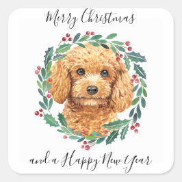 Pegatina Cuadrada Poodle Elegant Dog Wreath Merry Christmas