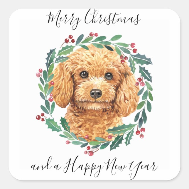 Pegatina Cuadrada Poodle Elegant Dog Wreath Merry Christmas (Anverso)