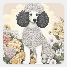 Pegatina Cuadrada Poodle en flores caprichosas