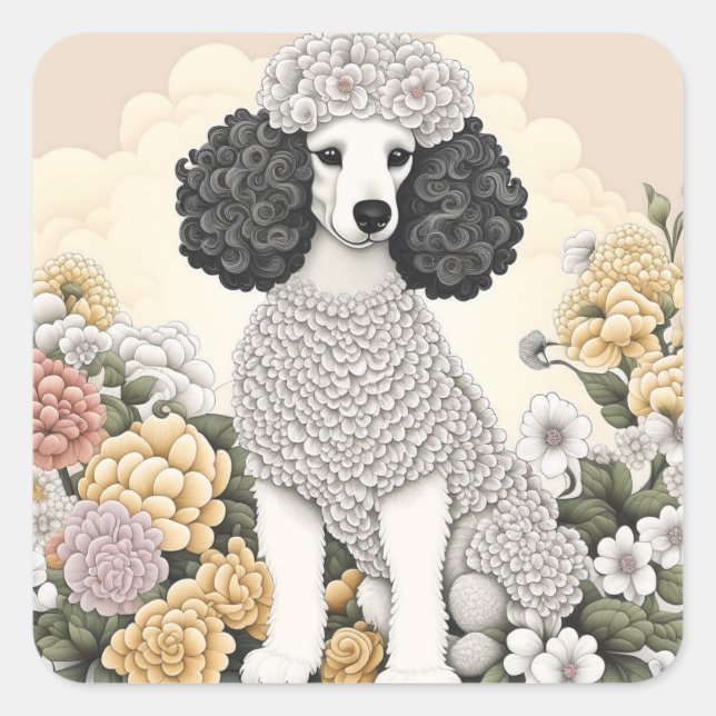 Pegatina Cuadrada Poodle en flores caprichosas (Anverso)