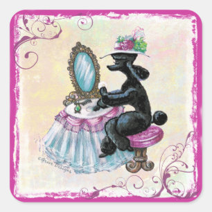 Pegatina Cuadrada Poodle negro retro en su Boudoir
