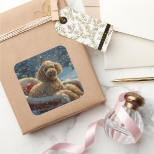 Pegatina Cuadrada Poodle Perro Navideño Festivo
