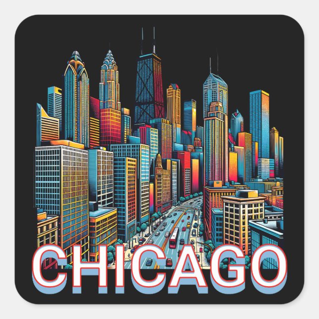 Pegatina Cuadrada Pop art Comic Book Art Chicago Illinois Skyline (Anverso)