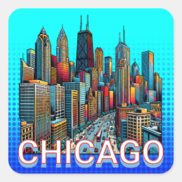 Pegatina Cuadrada Pop art Comic Book Art Chicago Illinois Skyline