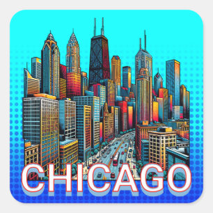 Pegatina Cuadrada Pop art Comic Book Art Chicago Illinois Skyline