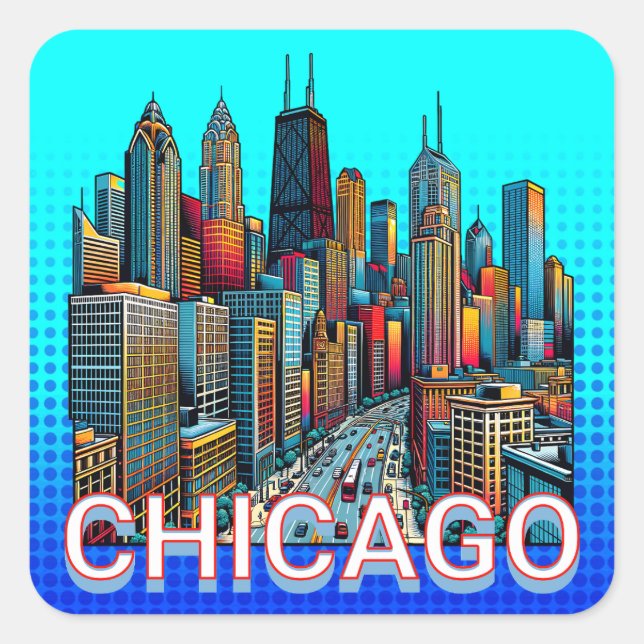 Pegatina Cuadrada Pop art Comic Book Art Chicago Illinois Skyline (Anverso)