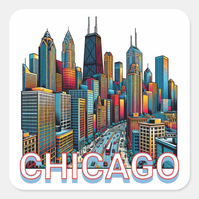 Pegatina Cuadrada Pop art Comic Book Art Chicago Illinois Skyline (Anverso)