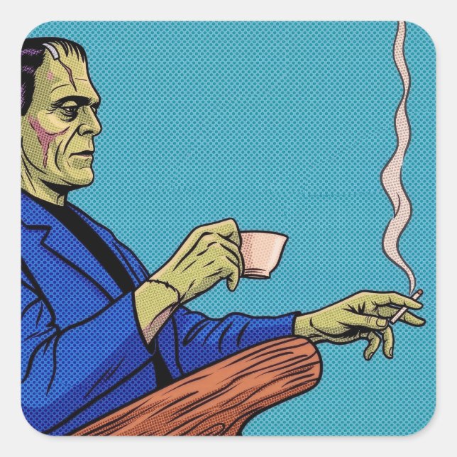 Pegatina Cuadrada Pop Art Frankenstein Monster Drinking Tea Halftone (Anverso)