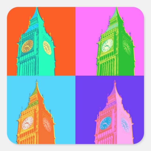 Pegatina Cuadrada Pop Art Neon Big Ben (Anverso)