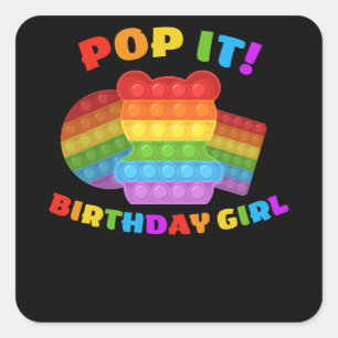 Pegatina Cuadrada Pop It Dot Day Bear Para El Chica De Cumpleaños
