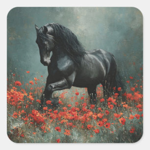 Pegatina Cuadrada Popas rojas de Stallion Friesiano Negro
