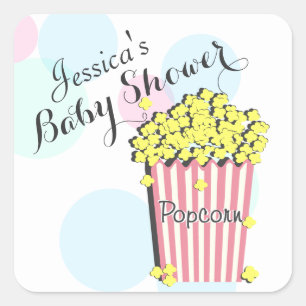 Pegatina Cuadrada Popcorn Pink Baby Shower