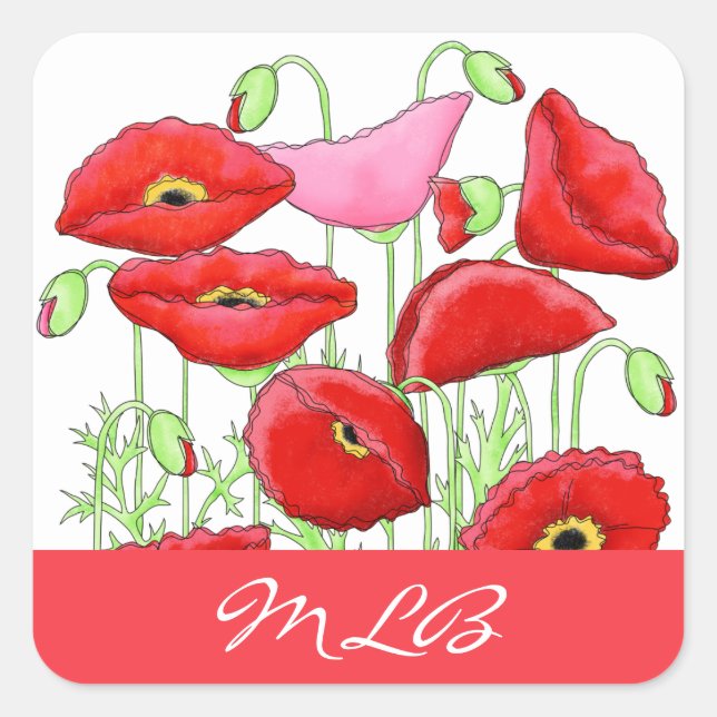 Pegatina Cuadrada Poppies rojos Art Custom Name Personalizado (Anverso)