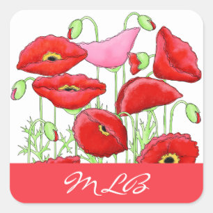 Pegatina Cuadrada Poppies rojos Art Custom Name Personalizado