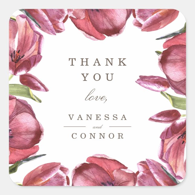 Pegatina Cuadrada Poppies rojos Elegante Boda Monograma Gracias (Anverso)