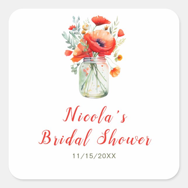 Pegatina Cuadrada Poppies rojos Mason Jar Bridal Shower (Anverso)