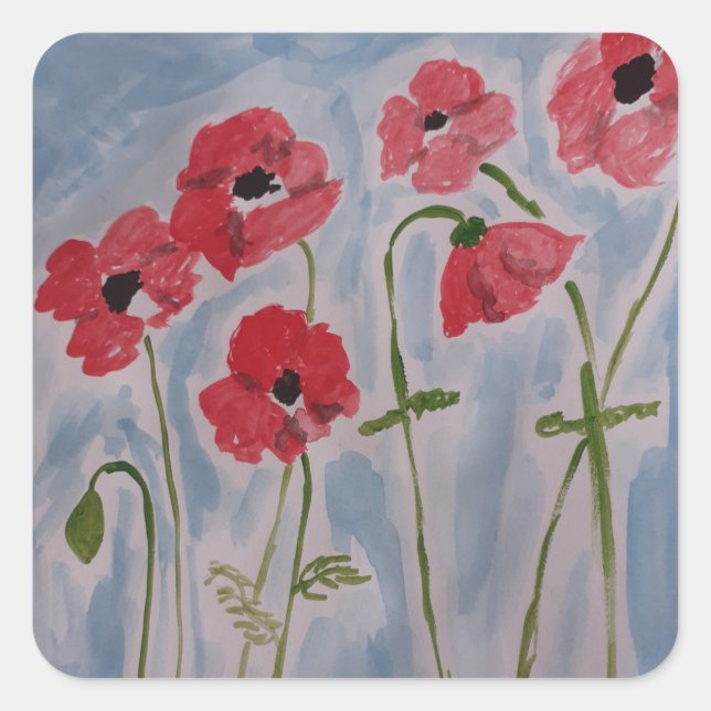 Pegatina Cuadrada Poppies rojos salvajes (Anverso)