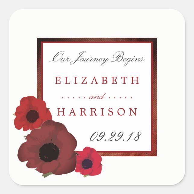 Pegatina Cuadrada Poppies rojos y Boda Burlap (Anverso)