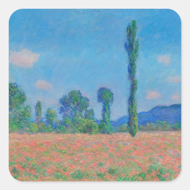Pegatina Cuadrada Poppy Field, Giverny (1891) Claude Monet fine art (Anverso)