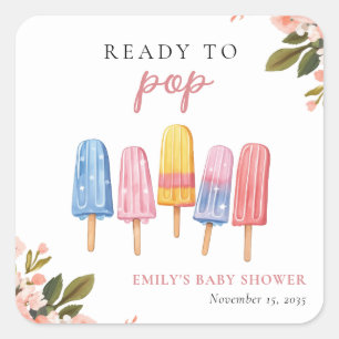 Pegatina Cuadrada Popsicle Ready to Pop Baby Shower