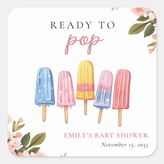 Pegatina Cuadrada Popsicle Ready to Pop Baby Shower (Anverso)