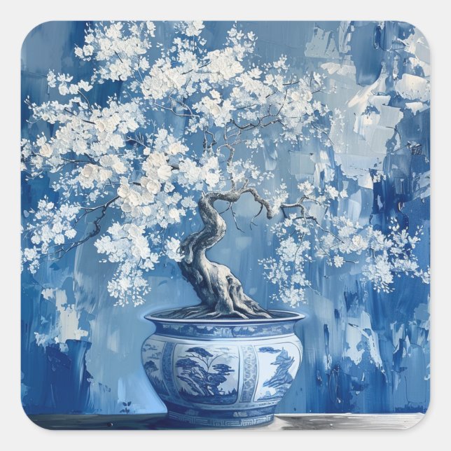 Pegatina Cuadrada Porcelana azul y blanca Chinoiserie Cherry (Anverso)