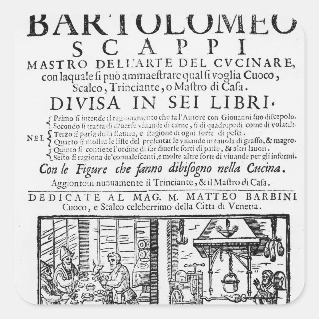 Pegatina Cuadrada Portada para cocinar libro de Bartolomeo Scappi (Anverso)