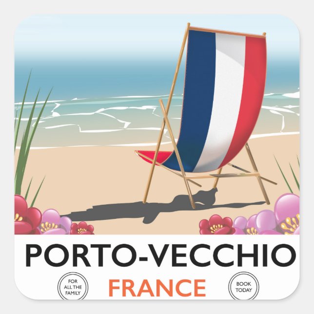 Pegatina Cuadrada Porto-Vecchio, afiche de viajes en la playa de Fra (Anverso)