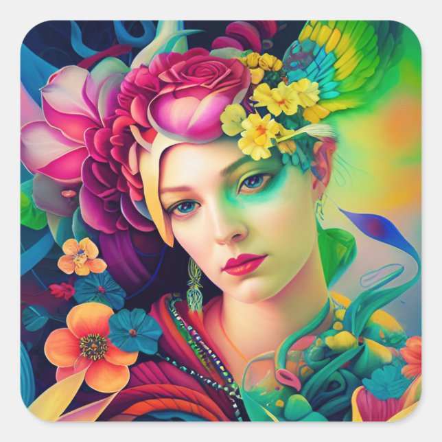 Pegatina Cuadrada Portrait of a Woman Adorned with Flowers (Anverso)