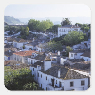 Pegatina Cuadrada Portugal, Obidos. Vista elevada de encalados