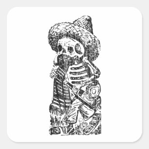 Pegatina Cuadrada Posada Calavera con Bigote y Tequila
